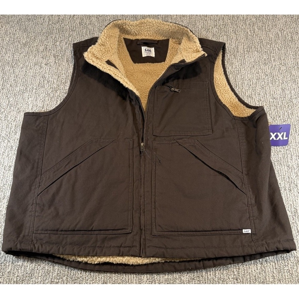 Lee Workwear Mens Canvas Vest Sherpa Lined Dark Brown Zip Up 2XL Pockets NWOT